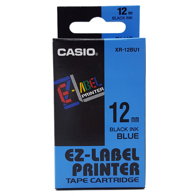 Casio XR-12BU1 Tape Cassette, 12mm X 8m, Black on Blue