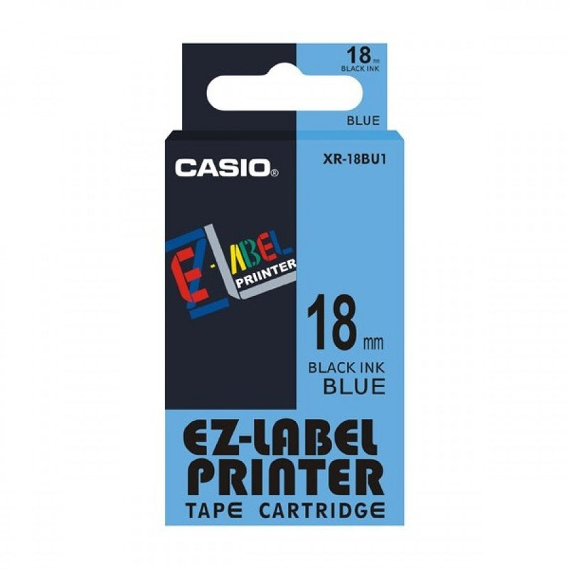 Casio XR-18BU1 Tape Cassette, 18mm X 8m, Black on Blue